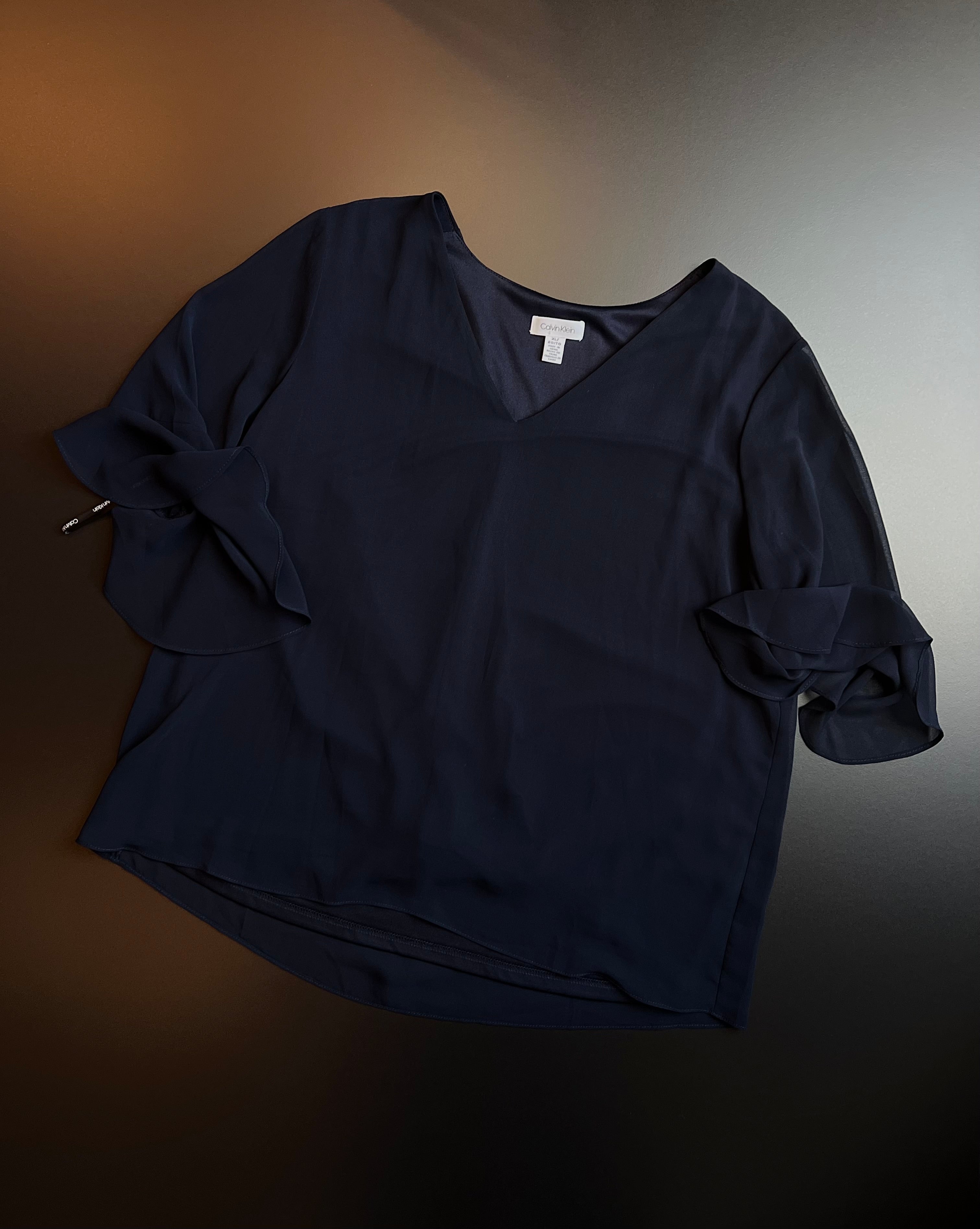 Calvin Klein Chiffon Blouse | Dark Blue | V-Neck | XL