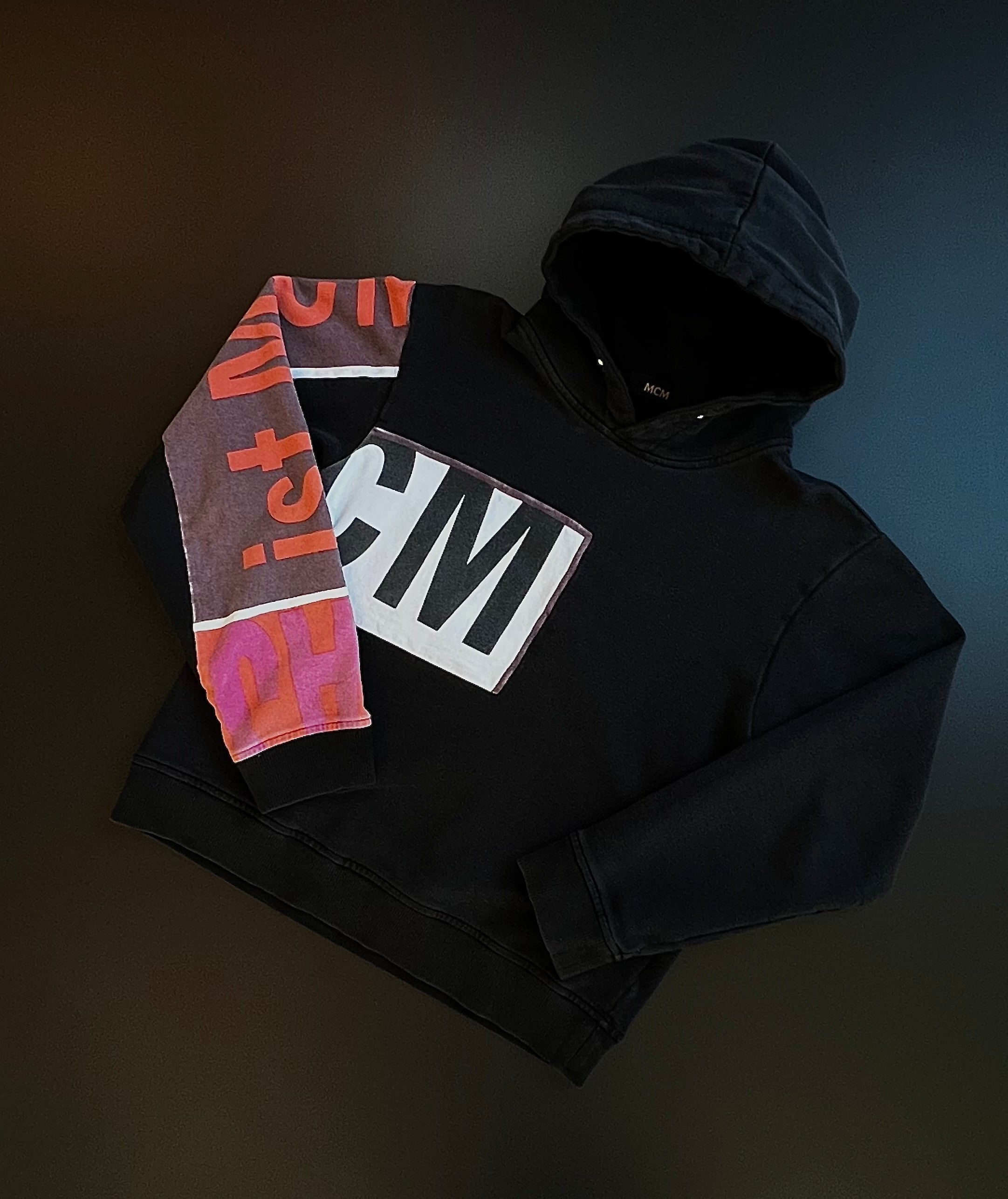 MCM Designer Hoodie | Black Colorblock | Logo Print | S / M | Made in Korea