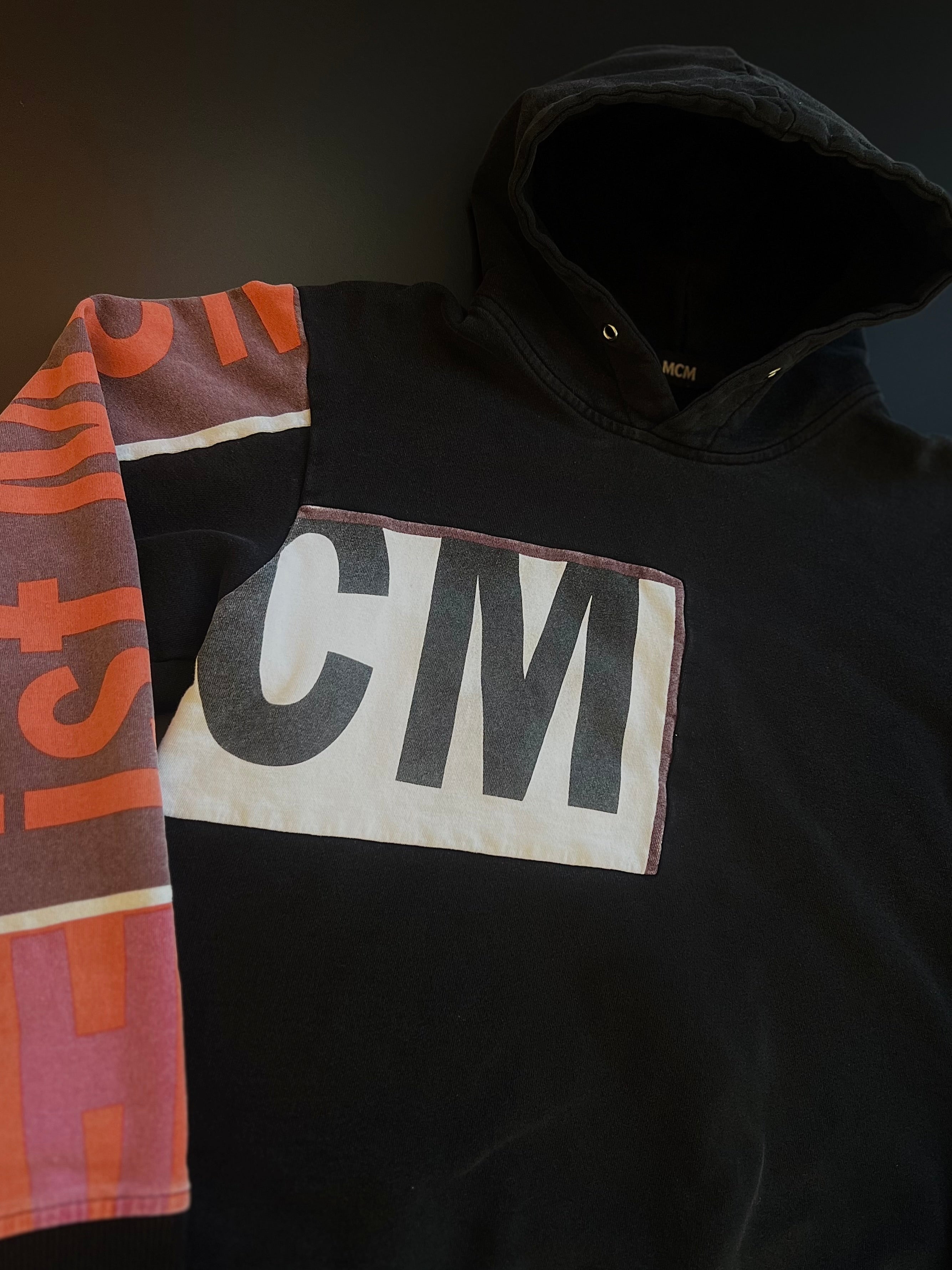 MCM Designer Hoodie | Black Colorblock | Logo Print | S / M | Made in Korea