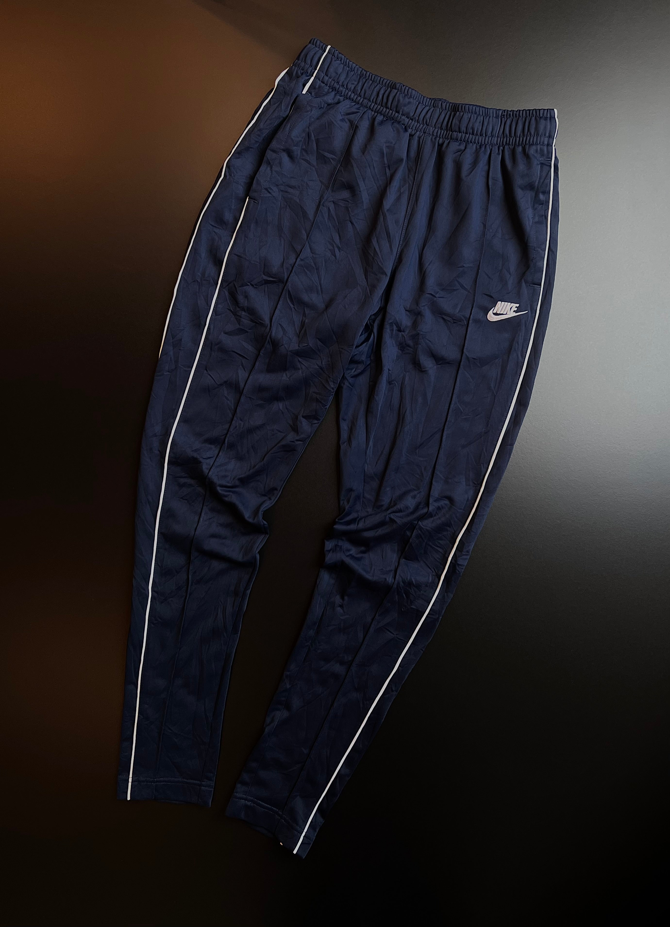 Nike Track Trousers | Navy | White Swoosh Side Stripe | S