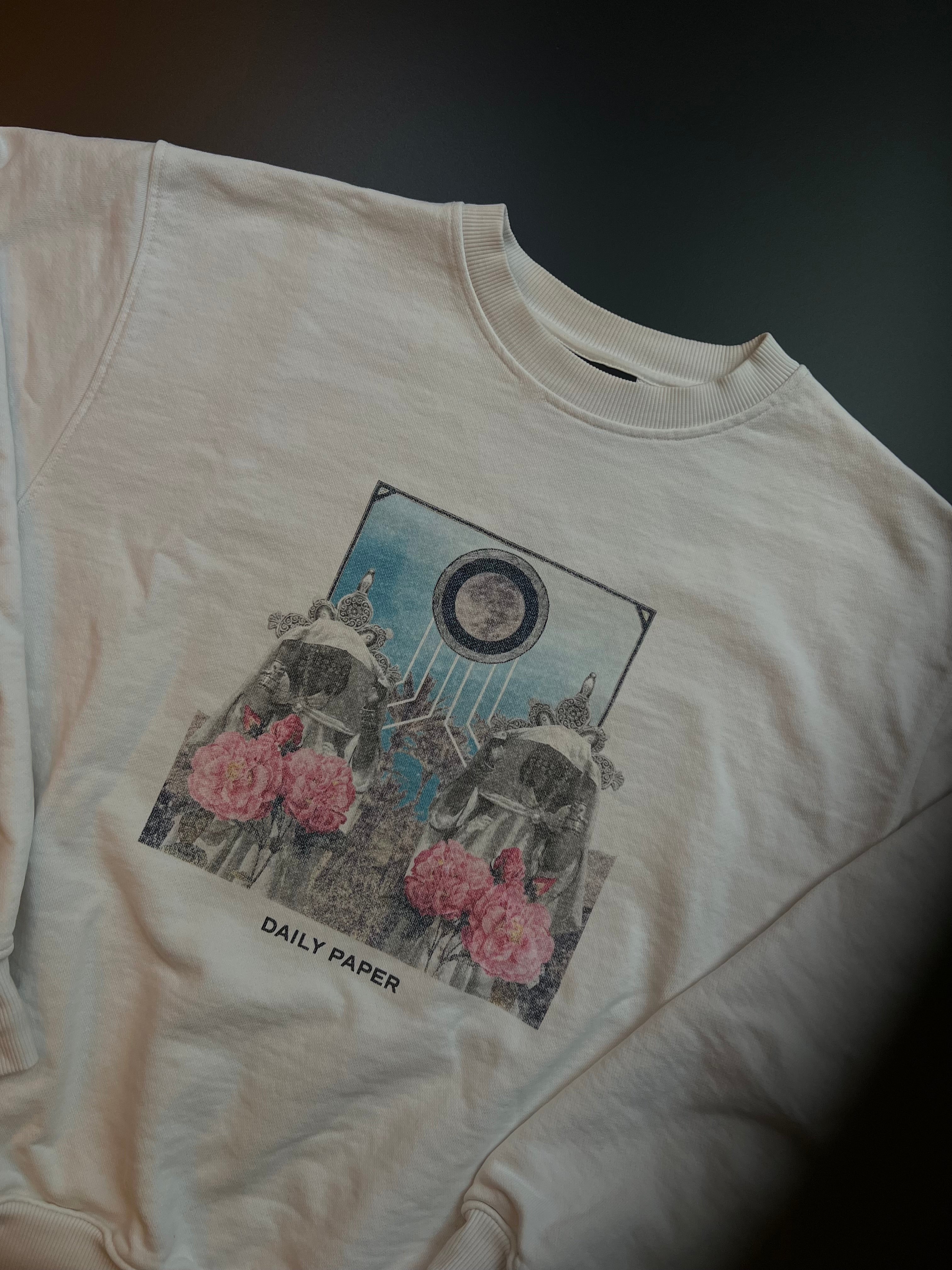 Cream white Daily Paper sweater with graphic print, made in Portugal, displayed on a neutral background.