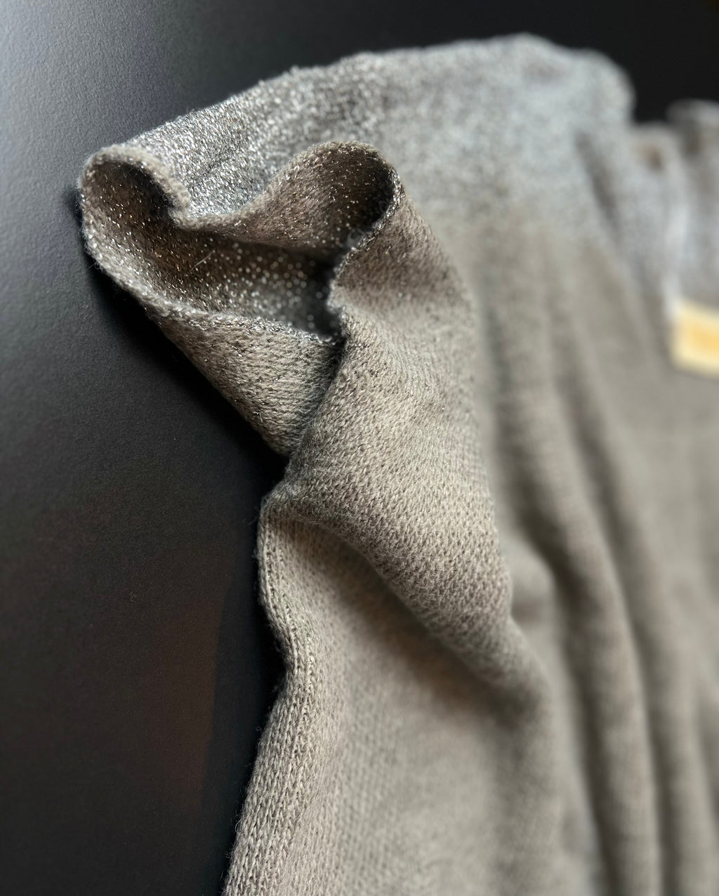 Grey H&3 knit jumper by KM Timeless Vintage, displayed on a mannequin, showcasing its soft texture and relaxed fit.